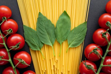 Siyah arka planda vişneli domateslerin yanında spagetti üzerine taze fesleğen. 