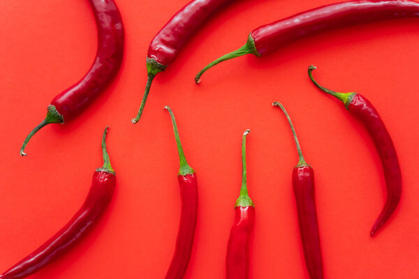 Top view of fresh chili peppers on red background 