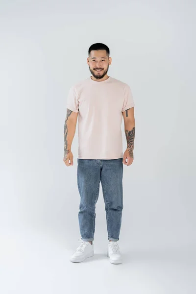 Full Length Happy Asian Man Beard Standing Casual Clothing Grey — Stock Photo, Image