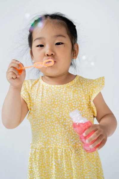Дошкольница Азиатка Платье Бутылкой Дующими Мыльными Пузырями Изолированными Сером — стоковое фото