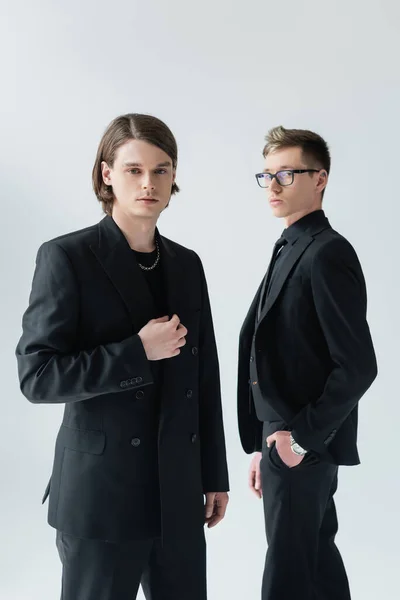 Young Gay Couple Formal Wear Looking Camera Isolated Grey — Stock Photo, Image