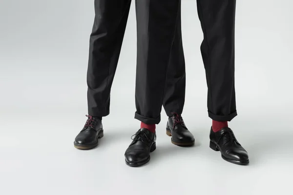 Cropped View Gay Couple Shoes Standing Grey Background — Stock Photo, Image