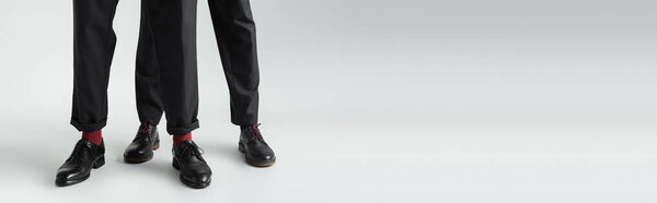 Cropped view of gay couple in formal wear and shoes on grey background, banner 