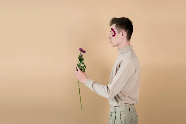 Side View Young Man Petals Face Looking Chrysanthemums Isolated Beige — Stock Photo, Image