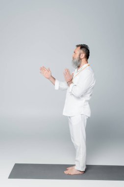 Beyaz elbiseli yaşlı yoga ustasının, ağaçta gri pozlar verirken yan görünüşü.