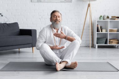 Usta guru evde yoga minderinde rahat bir şekilde meditasyon yapıyor.