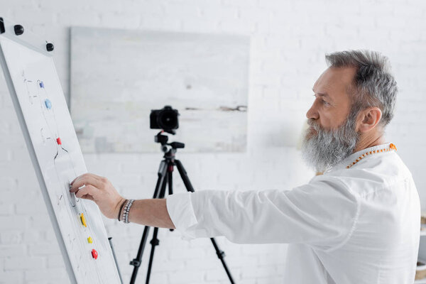 side view of bearded healing guru near flip chart with human chakras scheme and digital camera