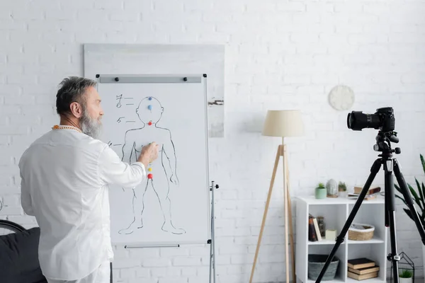 ayurveda guru near flip chart with human chakras system and digital camera