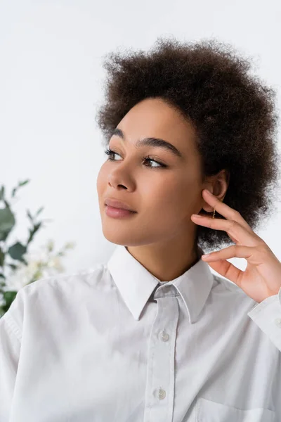 Portrait Dreamy African American Woman White Shirt Collar — Stock Photo, Image