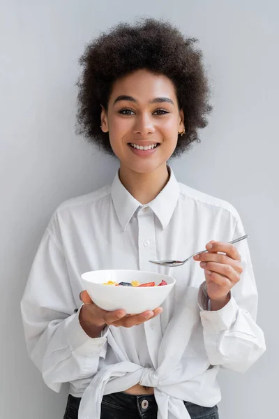 Young Cheerful African American Woman Holding Bowl Tasty Breakfast White — Stock Photo, Image