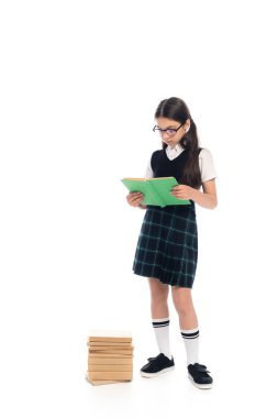 Beyaz arkaplan üzerine kitap okuyan genç öğrencilerin uzunluğu