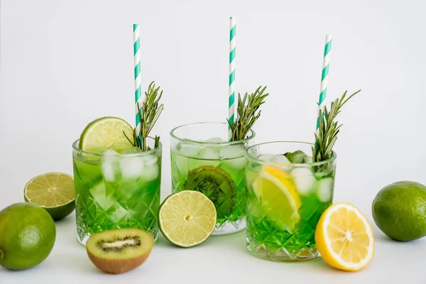 Faceted Glasses Cold Green Cocktail Straws Fruits White — Fotografia de Stock
