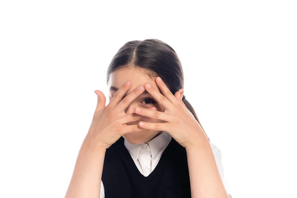 Schoolkid Covering Face Looking Camera Isolated White — Stock Photo, Image