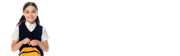 Улыбающийся Ученик Держит Рюкзак Изолированный Белом Копировальным Пространством Баннер — стоковое фото