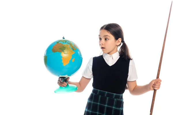 Shocked Schoolgirl Holding Pointer Looking Globe Isolated White — Stockfoto