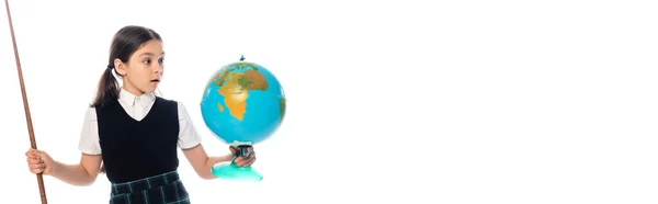 Amazed Schoolchild Holding Pointer Looking Globe Isolated White Banner — Stockfoto