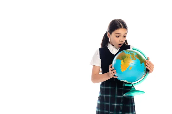 Amazed Preteen Pupil Looking Globe Isolated White — Stockfoto