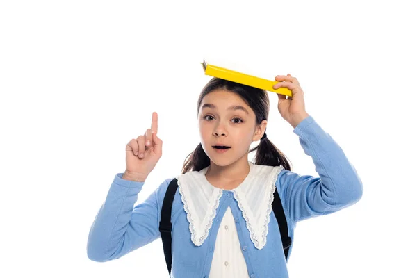 Excited Schoolgirl Holding Book Having Idea Isolated White — Stock Photo, Image