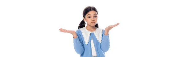 Preteen Schoolgirl Showing Shrug Gesture Isolated White Banner — Stockfoto