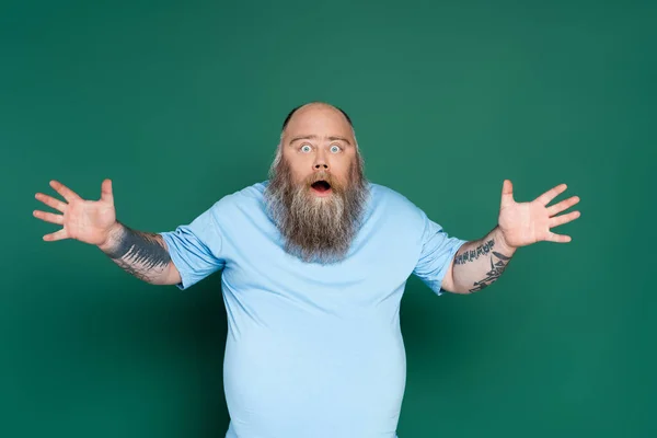 Astonished Bearded Man Open Mouth Showing Wow Gesture Isolated Green — Stock Photo, Image