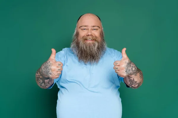 Bearded Overweight Man Showing Thumbs Smiling Camera Isolated Green — Stock Photo, Image