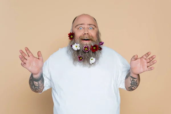 Amazed Overweight Man Flowers Beard Showing Wow Gesture Isolated Beige — Foto de Stock