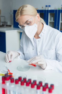 Lateks eldivenli sarışın bilim adamı laboratuvar ortamında deney tüpü tutuyor. 