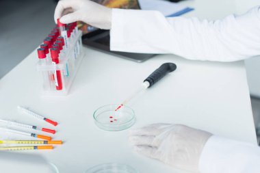 Laboratuvarda deney tüpü ve pipetin yanında test tüpü alan bilim adamının kırpılmış görüntüsü. 