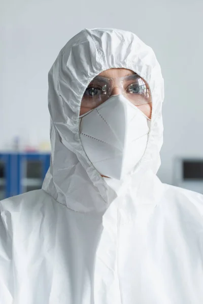 Portrait Scientist Hazmat Suit Goggles Looking Camera Lab — стоковое фото