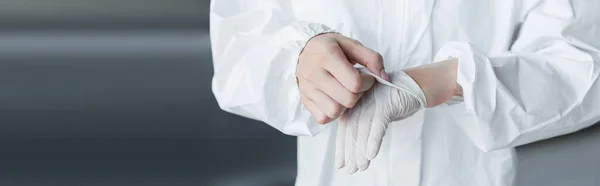 Cropped View Scientist Protective Suit Taking Latex Glove Lab Banner — Φωτογραφία Αρχείου