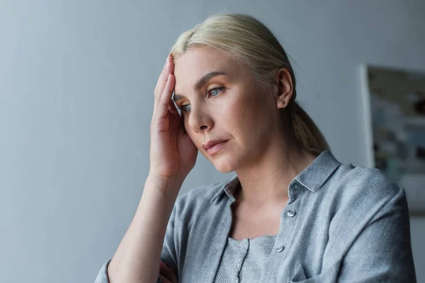 Depressed Woman Menopause Touching Forehead Looking Away — Foto Stock