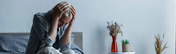 Blonde Woman Touching Head While Suffering Pain Menopause Banner — Φωτογραφία Αρχείου