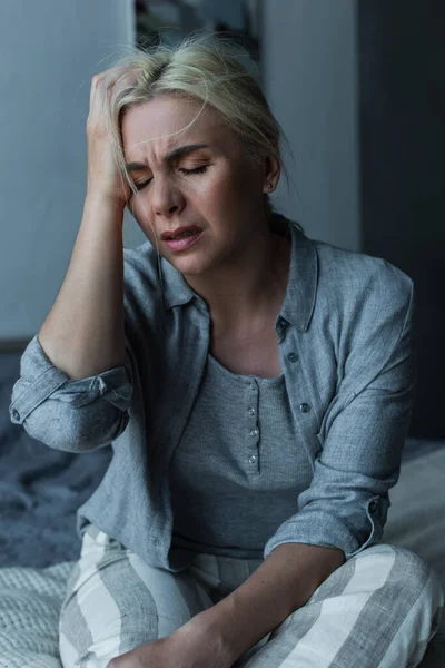 Exhausted Blonde Woman Touching Head Having Migraine Menopause — 스톡 사진