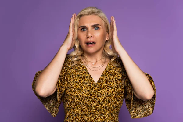 Shocked Blonde Woman Stressing Because Menopause Isolated Purple — Φωτογραφία Αρχείου