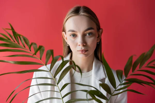 Trendy Vrouw Witte Blazer Kijken Naar Camera Buurt Exotische Bladeren — Stockfoto