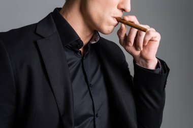 partial view of man in black blazer smoking cigar isolated on grey clipart
