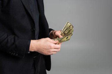 Siyah takım elbiseli adamın kısmi görüntüsü Gri üzerine izole edilmiş dolarları sayıyor