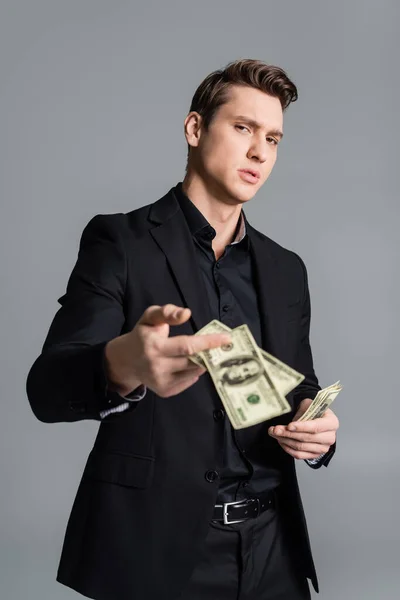 Confident Man Formal Wear Showing Blurred Dollars Camera Isolated Grey — Fotografia de Stock