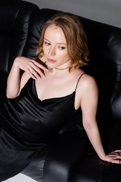 High Angle View Seductive Woman Strap Dress Touching Chest Looking — ストック写真