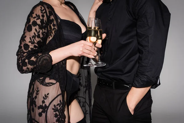 Cropped View Woman Lace Tunic Clinking Champagne Glasses Man Isolated — Stock fotografie