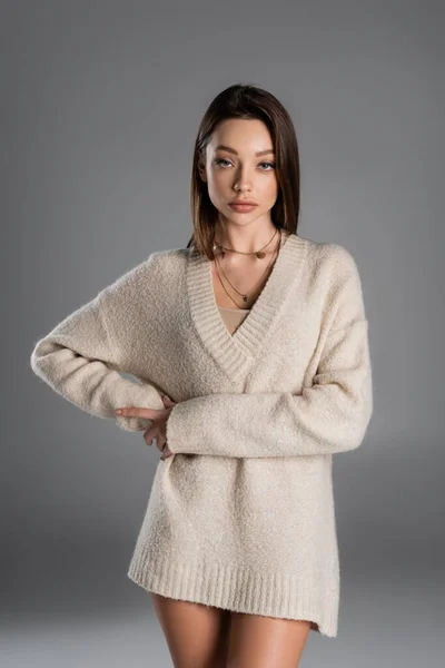 Young Woman Soft Sweater Looking Camera While Standing Hand Waist — Stok fotoğraf