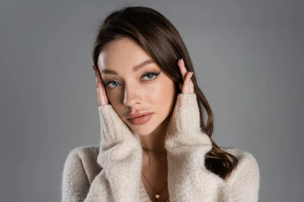 Portrait Young Brunette Woman Makeup Hands Face Isolated Grey — Stockfoto