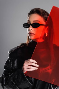 trendy woman in black sunglasses holding red glass isolated on grey