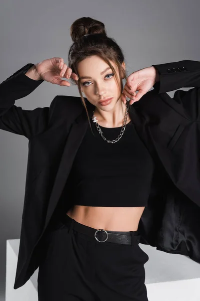 Sensual Woman Black Crop Top Blazer Posing Hands Face Isolated — Stock Fotó