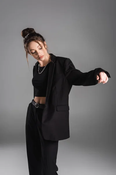 Young Brunette Woman Black Suit Crop Top Posing Isolated Grey — Zdjęcie stockowe