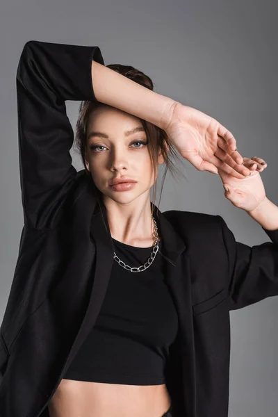 Young Fashionable Woman Makeup Looking Camera While Posing Isolated Grey — Stock Photo, Image