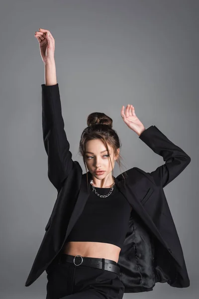 Trendy Woman Crop Top Black Jacket Standing Arms Isolated Grey — Zdjęcie stockowe