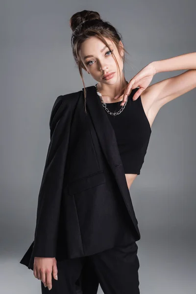 Stylish Woman Silver Necklace Posing Black Jacket Isolated Grey — ストック写真