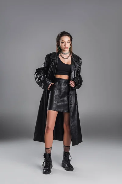 Full Length Young Woman Black Leather Coat Standing Hand Pocket — Foto de Stock