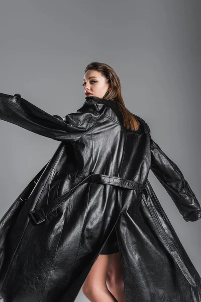Young Fashionable Woman Posing Black Leather Coat Isolated Grey — стоковое фото